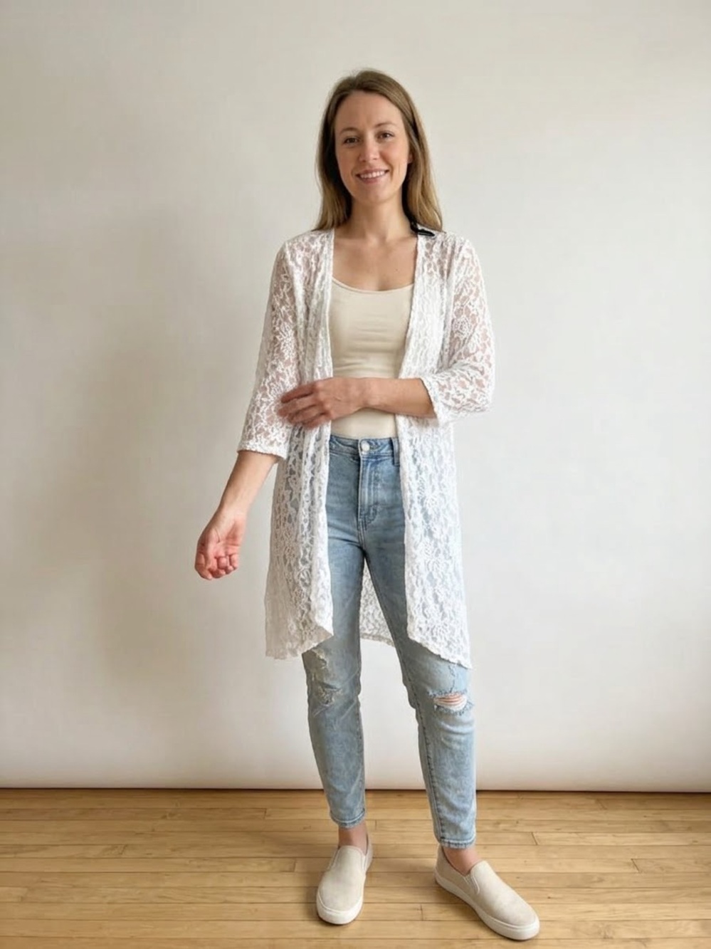 Double Take White Floral Lace Open Front Duster Cardigan XL